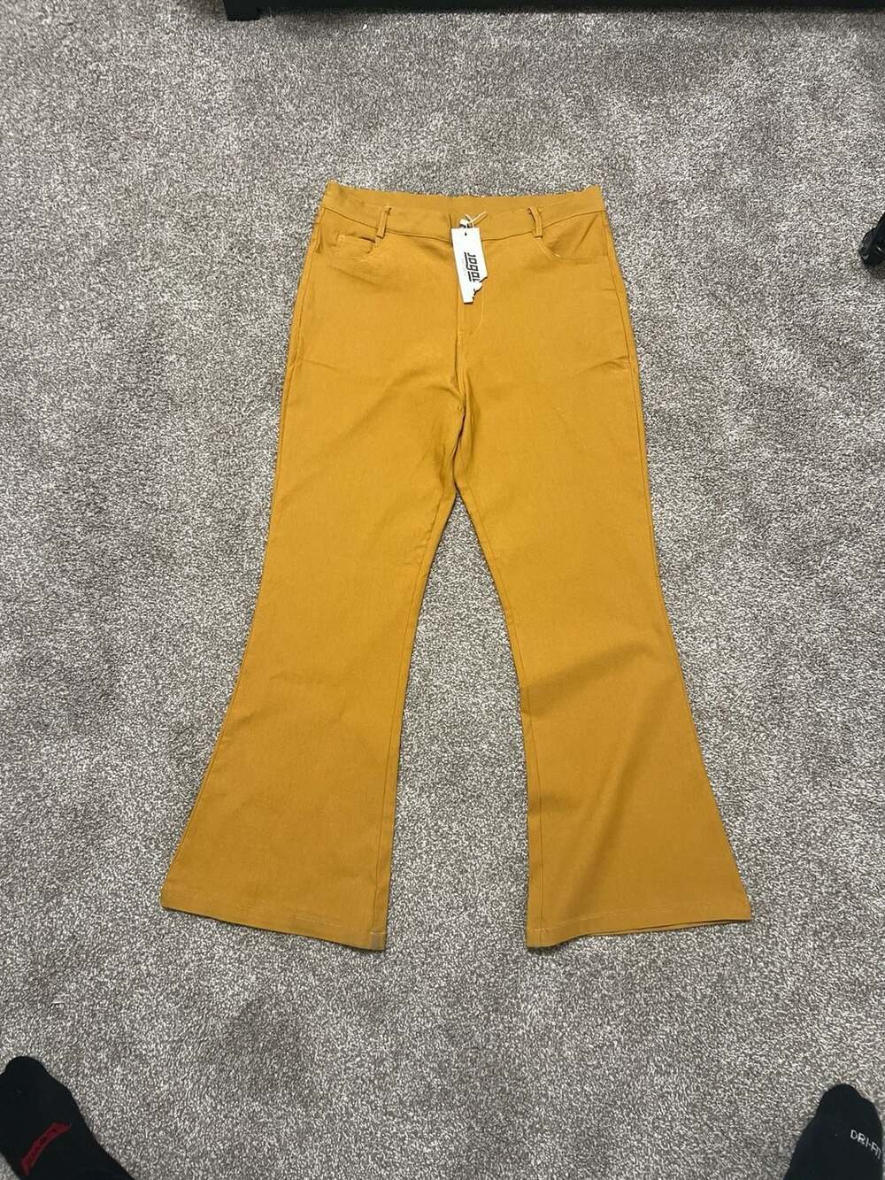 JOGAL Men's 70s Retro Flare Bell Bottom Disco Pants Mustard Yellow Size L